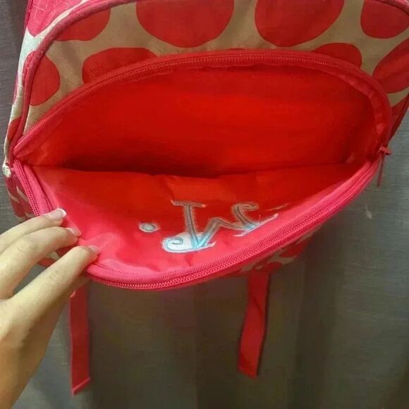Thirty-One Mod Coral Polka Dot backpack Monogram M - Picture 3 of 10